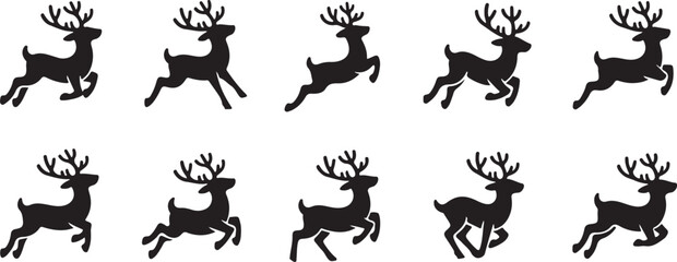 Ten Black Silhouettes of Reindeer Leaping