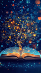 A magical tree emerging from an open book, surrounded by glowing symbols and colorful bokeh lights