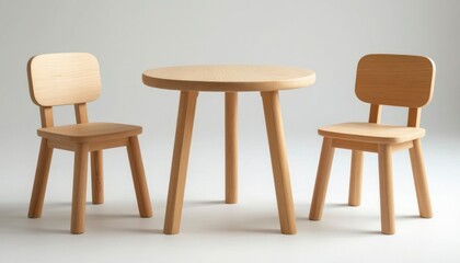 Fototapeta premium Scandinavian Children’s Table and Chair Set – Wooden Kids Furniture on White Background