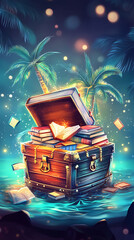 A treasure chest overflowing with books on a tropical beach under a starry night sky