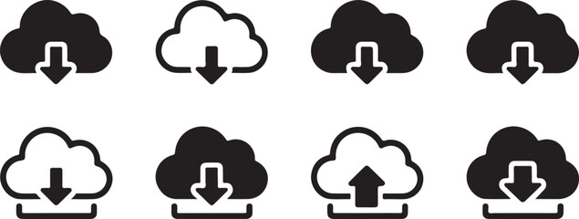 Cloud Download Upload Icons Set Black White Variations