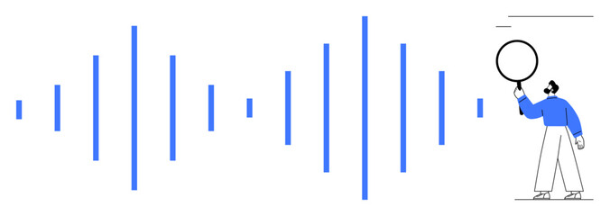 Vertical lines representing audio waveform and a person analyzing them using a magnifying glass. Ideal for sound analysis, technology, research, investigation, creativity, education, simple landing