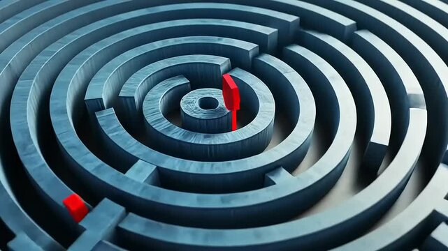 Aerial view of a complex maze with blue walls and a red marker indicating a possible exit