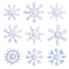 Collection of crochet snowflakes winter holiday christmas decoration ornament craft design elements isolated on transparent background