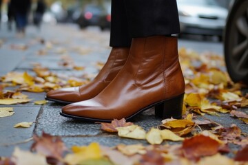 Brown leather ankle boots on city sidewalk, autumn leaves