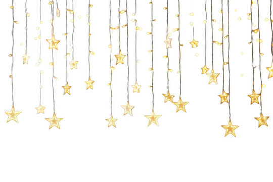 Hanging star lights string decoration christmas party holiday celebration festive glowing stars isolated on transparent background