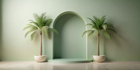 Fototapeta premium Serene Minimalist Interior Design Featuring Two Palm Trees Flanked by an Archway and a Platform