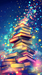 A vibrant stack of colorful books surrounded by a magical, sparkling atmosphere at night