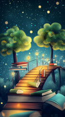 Enchanted bridge made of books under a starry sky with glowing candles and lush trees