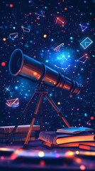 A telescope pointed at a vibrant starry sky filled with colorful celestial objects and books