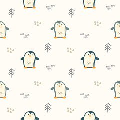 Penguin cartoon so cute. On tree fish background. Pattern seamless vector illustration. 