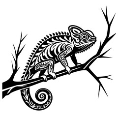 Black and White Chameleon SVG Vector Outline Design