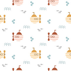 Submarine cartoon so cute. On wave fish bubbles white background. Pattern seamless vector illustration. 