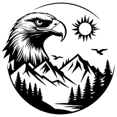 Eagle Mountain Vector Art Black and White Outline Design