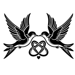 Two Swallows with Celtic Knot Heart Black SVG Vector Outline