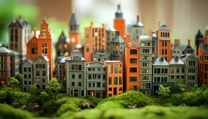 Obraz premium Miniature Urban Landscape with Architectural Model Buildings and Green Moss Texture
