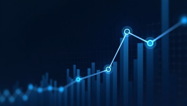 Widescreen Abstract financial graph with uptrend line and bar chart of stock market on blue color background