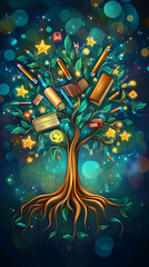 A vibrant tree with books and stars, symbolizing knowledge and imagination in a whimsical night sky