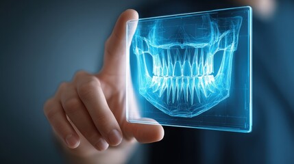 High-tech dental scan showing 3D image on transparent display, modern oral care innovation