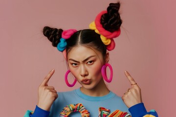 Young Asian Woman with Bold Gen Z Style and Playful Expression on Pink Background