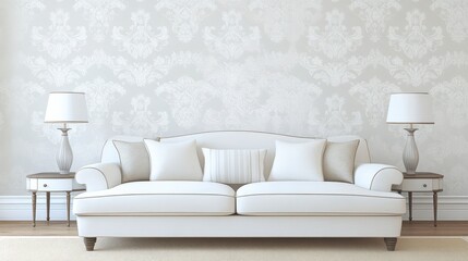 Fototapeta premium Elegant white sofa set against a light gray patterned wall.