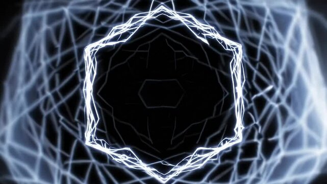 Abstract white hexagonal frame, hexagon (sexangle) Portal with glowing white energy lines and lightning isolated on black background, transparent chroma key alpha matte overlay VFX