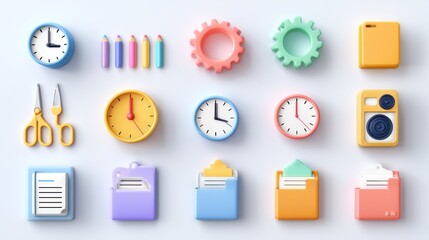 Colorful 3D icons representing various office supplies and tools