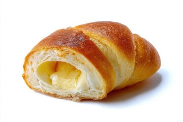 Salted Butter Rolls, Shio Pan Half Cut: Golden Baked Pastry on White Background