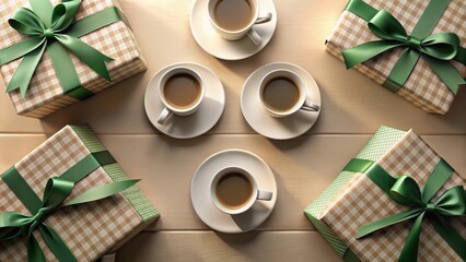 An overhead view of four cups of coffee and four presents with green ribbons on a light wooden surface