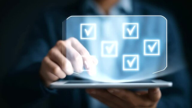 A futuristic digital identity verification process featuring holographic IDs and checkmark icons.