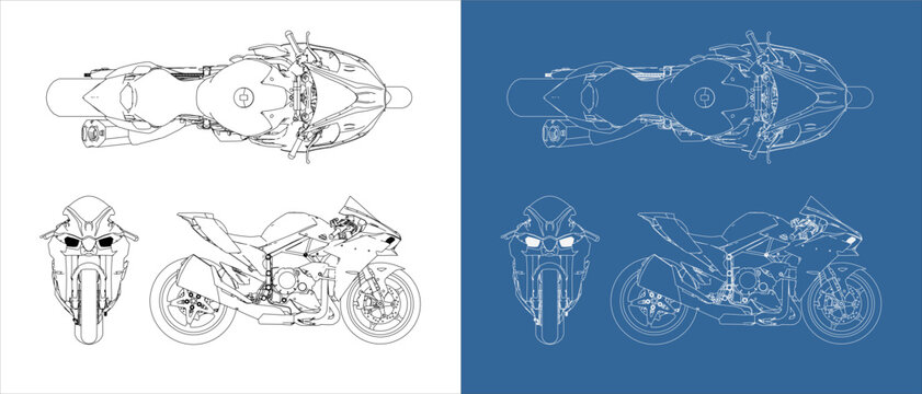 Racing motorcycle hyperbike from top side and front view. high performance 4 cylinder in-line DOHC 3D technical line drawing blueprint vector. Isolated on transparent background
