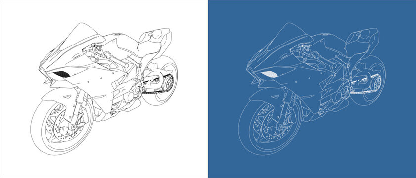 Isometric view motorcycle hyperbike high performance 4 cylinder in-line DOHC 3D technical line drawing blueprint vector. Isolated on transparent background