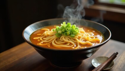 Steaming bowl of ramen, chopsticks, spring onions, asian, hot