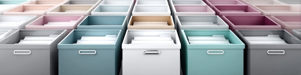 Organized office space with colorful file boxes creating a tidy work environment