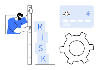 Man assesses stacked blocks with RISK, gear suggests process optimization, card implies transactions. Ideal for risk analysis, strategy planning, banking, business solutions, fintech, corporate