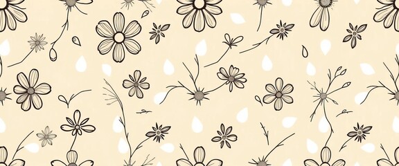 Beige vector seamless pattern featuring abstract floral motifs with white droplet accents A minimalist, monochrome design with ample empty space, pattern, subtle