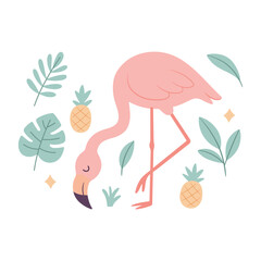 Cute pink cartoon flamingo standing on one leg, surrounded by tropical leaves and a pineapple, creating a relaxed and summery atmosphere. Summer vacation vibe. Vector illustration isolated on white.