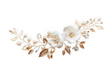 Elegant floral hairpiece with pearls crystals gold leaves wedding bridal accessory headpiece isolated on transparent background