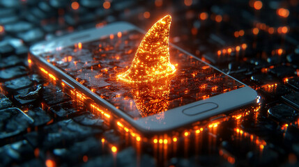 A sleek white smartphone with a shark fin emerging from its top, symbolizing the lurking danger of digital scams and phishing. Conceptual image with clean side space for caption or warning text.

