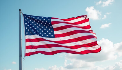 Obraz premium USA flag on flagpole waving under sunlight
