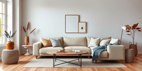 Beige sofa, Japandi decor, minimalist living room, soft textures, Scandinavian accents, pillows,  modern living