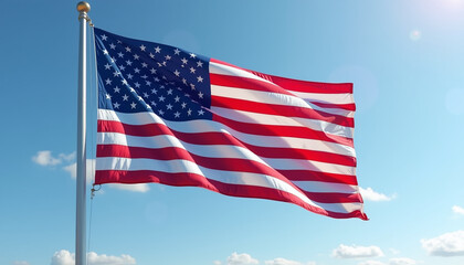 Naklejka premium Close up of waving USA flag against sky