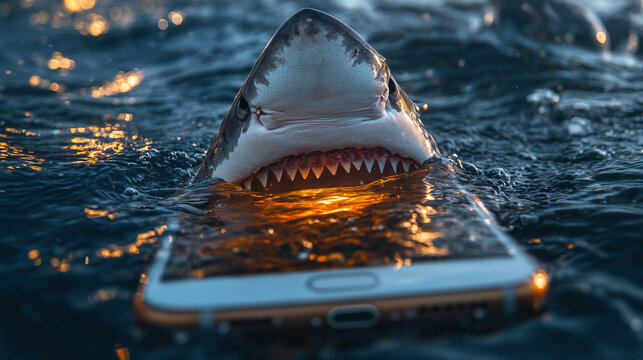 A sleek white smartphone with a shark fin emerging from its top, symbolizing the lurking danger of digital scams and phishing. Conceptual image with clean side space for caption or warning text.


