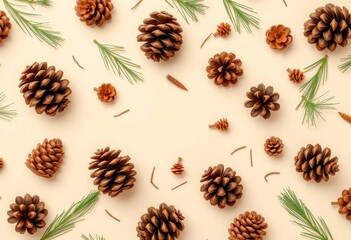 Fototapeta premium Beige background with seamless pattern of scattered pinecones and pine needles, illustration, needles