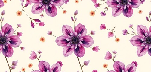 Beige and purple watercolor boho floral seamless pattern Dried flowers, rustic background, repeat texture for fabric, illustration, repeat