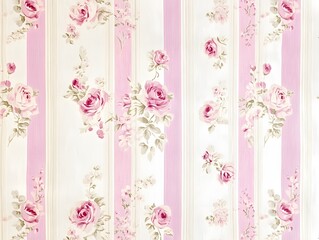 Repeating pattern of pink roses and other floral motifs on a cream background with light pink vertical stripes. The design is reminiscent of vintage textiles or wallpaper.