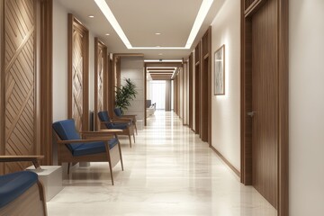 Obraz premium Modern hospital corridor with wooden accents and seating