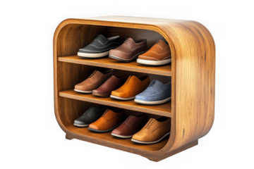 Wooden shoe rack organizer storage footwear shoes shelf furniture home decor design isolated on transparent background