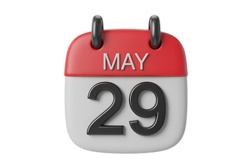 May 29th Calendar Page with Red Border and transparent Background in 3D Render