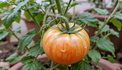 Striped Tomato on Vine:  A vibrant, striped tomato ripens on the vine, showcasing its unique coloration and fresh, dewy skin. This image evokes a sense of summer abundance and homegrown goodness.